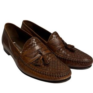 Johnston & Murphy loafers handcrafted leather braided/tassel slight heel Sz 12D